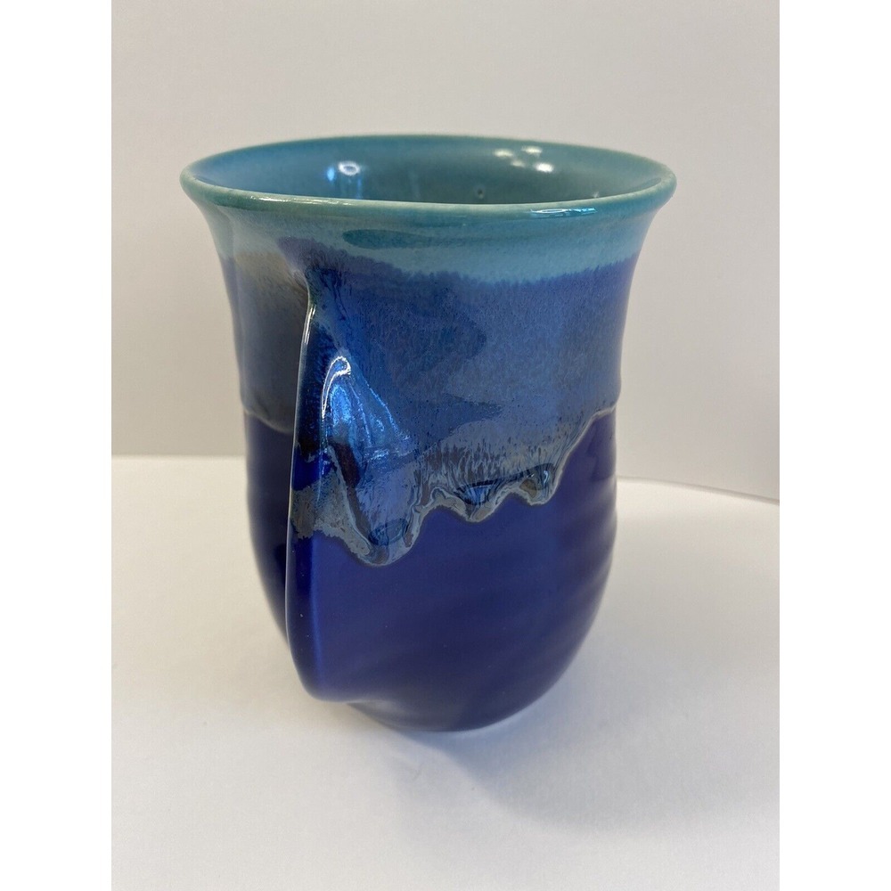 Neher Pottery Right Handed Hand Warmer Mug Turquoise and Royal Glaze Signed 2014 - Picture 3 of 6